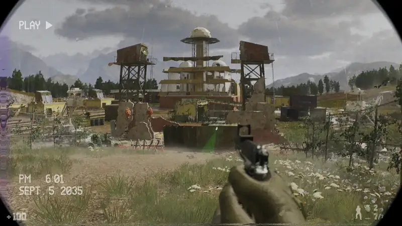 A ruined military compound with radar domes and watchtowers in Dead Fibers