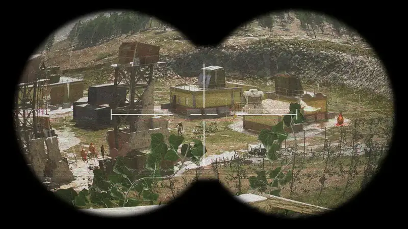 Binocular view of Fiber-infected figures inside a fenced compound in Dead Fibers