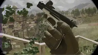 A gloved hand inspecting a pistol in Dead Fibers