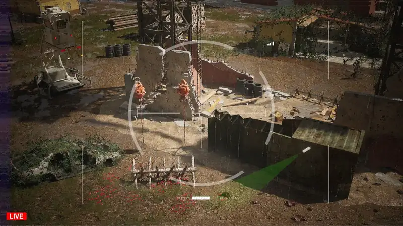 Drone view of orange Fiber growths on poles beside a broken wall in Dead Fibers